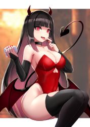 Rule 34 | 1girl, absurdres, bare shoulders, black choker, black gloves, black hair, blunt bangs, border, breasts, bridal gauntlets, choker, clothing cutout, colored inner hair, demon horns, demon tail, demon wings, finger to mouth, food, gloves, gradient hair, halloween, halloween costume, yomeguri hana, hands up, highleg, highleg leotard, highres, holding, holding food, horns, indie virtual youtuber, large breasts, legs together, leotard, letterboxed, long hair, looking at viewer, multicolored hair, nail polish, open mouth, orange eyes, outside border, pink hair, red leotard, red nails, sidelocks, skindentation, slash-ex, solo, strapless, strapless leotard, tail, tongue, tongue out, two-tone hair, very long hair, virtual youtuber, white border, wings, yogurt, yomeguri hana