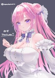 Rule 34 | 1girl, absurdres, bare shoulders, blush, braid, breasts, closed mouth, commission, detached sleeves, dorothy (nikke), dress, frilled dress, frills, goddess of victory: nikke, hair bun, hair ornament, hair ribbon, hamuhanama, highres, large breasts, long hair, pink hair, purple eyes, ribbon, skeb commission, smile, solo, twitter username, white dress