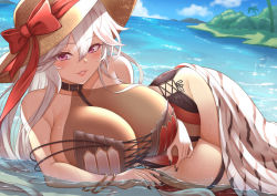 Rule 34 | 1girl, bare shoulders, beach, black nails, blue sky, blush, breasts, cleavage, cloud, curvy, day, granblue fantasy, hair between eyes, hat, hat ribbon, highres, large breasts, long hair, looking at viewer, lying, magisa (granblue fantasy), nail polish, ocean, on side, outdoors, paid reward available, parted lips, partially submerged, purple eyes, red ribbon, ribbon, see-through, see-through cleavage, sidelocks, sky, smile, solo, straw hat, swimsuit, thigh strap, thighs, tree, very long hair, water, water drop, wet, white hair, yasojima nejiro