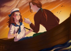 Rule 34 | 1boy, 1girl, bird, blush, boat, brown hair, commentary, commission, commissioner name, elliott (stardew valley), english commentary, eye contact, green eyes, green pants, green ribbon, hair ribbon, hat, highres, long sleeves, looking at another, oar, outdoors, pants, ponytail, ribbon, rowboat, sailor hat, shirt, short sleeves, stardew valley, sunset, water, watercraft, white shirt, yuikdraws