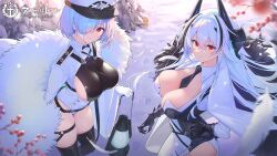 Rule 34 | asymmetrical clothes, azur lane, bandaged head, bandages, black footwear, black horns, black necktie, blue hair, bob cut, boots, breast cutout, breasts, buttons, center opening, cleavage, closed mouth, coat, commentary request, copyright name, cowboy shot, dai nikucho, dress, facing another, facing to the side, feathers, footprints, framed breasts, fur-trimmed coat, fur trim, hair over one eye, hand on own hip, hat, holding, holding lantern, horns, kursk (azur lane), kuybyshev (azur lane), lantern, large breasts, leotard, long hair, long sleeves, looking at viewer, mechanical gloves, medium hair, necktie, official art, open clothes, open coat, padded coat, red eyes, side slit, sideboob, smile, snow, standing, thigh boots, thigh strap, tilted head, two-tone dress, white coat, white dress, white fur, white hair, white headwear, wide sleeves