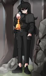 Rule 34 | 1girl, absurdres, ahoge, bell, black eyes, black footwear, black hair, black pants, black shirt, character request, closed mouth, commission, copyright request, expressionless, forest, full body, hand in pocket, highres, holding, holding bell, long hair, long sleeves, looking at viewer, min lona, nature, outdoors, pants, shirt, shoes, solo, standing, tree