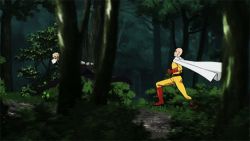 Rule 34 | 2boys, animated, animated gif, bald, blonde hair, boots, cyborg, forest, genos, gloves, lowres, multiple boys, nature, one-punch man, running, saitama (one-punch man), scarf, short hair