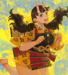 Rule 34 | 1girl, :d, absurdres, armor, black hair, blunt bangs, breastplate, bright pupils, brown eyes, chipped tooth, commentary, dungeon meshi, epaulettes, highres, horns, inutade, japanese armor, japanese clothes, kimono, kusazuri, long hair, looking at viewer, low twintails, mole, mole under eye, oni, open mouth, sash, short kimono, skin-covered horns, smile, tareme, twintails, twitter username, waraji, white pupils, yellow kimono, yu (zatta13chan)