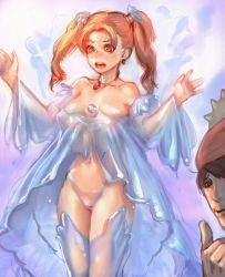 Rule 34 | 1boy, 1girl, bare shoulders, bow (bhp), breasts, dissolving clothes, dragon quest, dragon quest viii, hero (dq8), highleg, highleg panties, highres, jessica albert, jewelry, matching hair/eyes, navel, necklace, orange eyes, orange hair, panties, robe, see-through, square enix, thighhighs, twintails, underwear, water, water robe (dq)