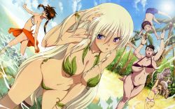 Rule 34 | 4girls, age difference, alleyne (queen&#039;s blade), barefoot, beach, bikini, blonde hair, blue eyes, blush, braid, breasts, brown hair, cattleya (queen&#039;s blade), child, cleavage, cloud, drill hair, elf, female focus, flat chest, highres, huge breasts, large breasts, leaf, leaf bikini, long hair, mature female, megami magazine, miyazawa tsutomu, mother and son, multiple girls, nowa (queen&#039;s blade), official art, palm tree, pointy ears, ponytail, queen&#039;s blade, rana (queen&#039;s blade), short hair, silver hair, sky, small breasts, swimsuit, tree, twintails, very long hair, water, ymir (queen&#039;s blade)