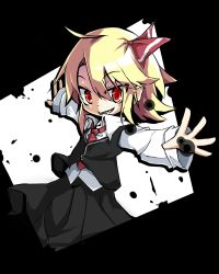 Rule 34 | 1girl, blonde hair, grin, hair ribbon, musao, outstretched arms, red eyes, ribbon, rumia, sharp teeth, shirt, short hair, skirt, smile, solo, spread arms, teeth, touhou, vest
