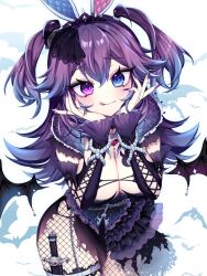 Rule 34 | 1girl, :q, absurdres, animal ears, bat (animal), bat wings, black leotard, black skirt, black sleeves, blue eyes, blue hair, breasts, cleavage, colored tips, cottontail (vtuber), cross-laced clothes, cross-laced sleeves, detached sleeves, detached wings, fake animal ears, fishnet pantyhose, fishnets, frilled leotard, frills, hair ornament, hands on own cheeks, hands on own face, heterochromia, highres, ichiko 1234, indie virtual youtuber, knife, large breasts, leotard, long hair, multicolored hair, pantyhose, purple eyes, purple hair, purple nails, rabbit ears, sheath, sheathed, skirt, solo, thigh sheath, tongue, tongue out, torn clothes, torn skirt, two side up, virtual youtuber, wings