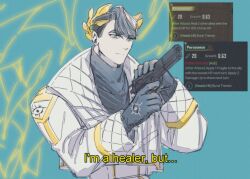 Rule 34 | 1boy, angel wings, aqua background, black gloves, blue eyes, closed mouth, e.g.o (project moon), english text, game screenshot, gloves, gun, highres, holding, holding gun, holding weapon, i&#039;m a healer but... (meme), limbus company, long sleeves, male focus, meme, meursault (project moon), project moon, solo focus, weapon, wenli, wings, yellow headwear