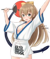 Rule 34 | 1girl, ame-san, apron, arm up, blue eyes, blush, bow, breasts, breasts apart, brown hair, commentary request, cowboy shot, dated, dress, hair between eyes, hair bow, hand fan, highres, holding, japanese clothes, kantai collection, kumano (kancolle), long hair, medium breasts, open mouth, ponytail, simple background, solo, twitter username, white apron, white background, white dress, yellow bow