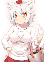 Rule 34 | 1girl, alternate costume, animal ear fluff, animal ears, bag, blush, breasts, casual, commentary request, crossed bangs, hair between eyes, hand on own hip, hat, inubashiri momiji, jewelry, long sleeves, looking at viewer, medium breasts, necklace, red hat, red skirt, rururiaru, short hair, skirt, solo, sweatdrop, sweater, tail, tokin hat, touhou, turtleneck, turtleneck sweater, white hair, white sweater, wolf ears, wolf tail, yellow eyes