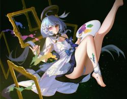 Rule 34 | 1girl, absurdres, ahoge, ankle cuffs, ass, bare legs, black background, blue bow, blue hair, bow, breasts, chinese commentary, commentary request, dress, dress bow, foot out of frame, griseo, griseo (starry impression), hair bow, hands up, highres, holding, holding paintbrush, holding palette, honkai (series), honkai impact 3rd, light blue hair, long hair, no shoes, paint on body, paint on clothes, paint splatter, paintbrush, palette (object), panties, parted lips, picture frame, pink eyes, simple background, small breasts, solo, thighs, tutou jiang, underwear, very long hair, white bow, white dress, white panties