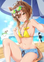 Rule 34 | 3girls, absurdres, adjusting clothes, agnes tachyon (lunatic lab) (umamusume), agnes tachyon (umamusume), ahoge, animal ears, arms up, bare shoulders, beach, bikini, bikini shorts, black hair, blue shorts, blurry, blurry background, blush stickers, breasts, brown eyes, brown hair, collarbone, commentary request, daikon, depth of field, eyes visible through hair, eyewear on head, female focus, green-tinted eyewear, grin, groin, hair between eyes, hair ornament, hairclip, head tilt, highres, horse ears, horse girl, horse tail, jewelry, jungle pocket (tobasuze hot summer!) (umamusume), jungle pocket (umamusume), layered bikini, lens flare, looking at viewer, manhattan cafe (umamusume), medium hair, micro shorts, midriff, multicolored hair, multiple girls, navel, necklace, notched ear, official alternate costume, official alternate hairstyle, outdoors, outline, parasol, ponytail, radish, riding, ryochapu, shorts, sideboob, sidelocks, sitting, small breasts, smile, solo focus, splashing, sun, sunglasses, swimsuit, tail, tinted eyewear, umamusume, umbrella, white hair