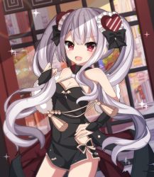 Rule 34 | 1girl, :d, absurdres, azur lane, bare shoulders, black bow, black dress, blurry, blurry background, bow, breasts, bridal gauntlets, china dress, chinese clothes, cleavage, depth of field, diagonal stripes, dress, fang, hair between eyes, hair bow, hair ornament, hand on own hip, heart, heart hair ornament, highres, holding, holding hair, long hair, looking at viewer, medium breasts, open mouth, rainbow, red eyes, sapphire (sapphire25252), short dress, silver hair, sleeveless, sleeveless dress, smile, solo, sparkle, striped, twintails, vampire (azur lane), vampire (the breath of spring) (azur lane), very long hair