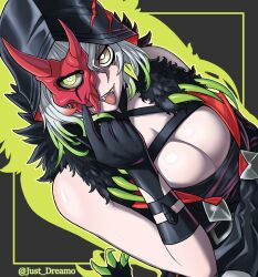 Rule 34 | 1girl, absurdres, breasts, cleavage, detached sleeves, diabellstar the black witch, dress, duel monster, fangs, fangs out, gloves, green eyes, green hair, half mask, highres, hood, hood up, just dreamo, large breasts, mask, multicolored hair, pale skin, red mask, smile, solo, tongue, tongue out, yu-gi-oh!