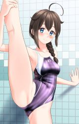 Rule 34 | 1girl, absurdres, ahoge, blue eyes, braid, breasts, brown hair, clothes writing, collarbone, commentary request, competition swimsuit, cowboy shot, hair flaps, hair ornament, hair over shoulder, highres, kantai collection, looking at viewer, medium breasts, one-piece swimsuit, purple one-piece swimsuit, shigure (kancolle), shigure kai ni (kancolle), single braid, solo, split, standing, standing on one leg, standing split, striped clothes, striped one-piece swimsuit, swimsuit, takafumi, tile wall, tiles