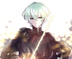 Rule 34 | 1boy, armor, black cape, black gloves, byleth (fire emblem), byleth (male) (fire emblem), cape, fire emblem, fire emblem: three houses, gloves, glowing, glowing sword, glowing weapon, green eyes, green hair, heroes relic (fire emblem), highres, holding, holding sword, holding weapon, male focus, nintendo, non 29tanon, short hair, simple background, solo, sword, sword of the creator, weapon