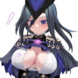 Rule 34 | !, 1girl, absurdres, ascot, blue ascot, blue hair, breasts, brooch, clorinde (genshin impact), closed mouth, epaulettes, flying button, genshin impact, hahwa, hat, highres, jewelry, large breasts, long hair, looking down, motion blur, popped button, purple eyes, shirt, simple background, solo, tricorne, upper body, vision (genshin impact), wardrobe malfunction, white background, white shirt