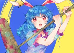 Rule 34 | 1girl, ambiguous red liquid, animal ears, blue dress, blue hair, blush, collarbone, dress, earclip, frilled sleeves, frills, holding, itomugi-kun, kine, long hair, mallet, open mouth, rabbit ears, red eyes, seiran (touhou), short sleeves, solo, touhou, upper body