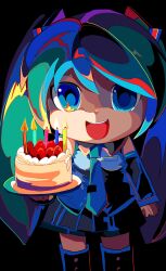 Rule 34 | 1girl, absurdres, birthday, birthday cake, black background, black skirt, black sleeves, black thighhighs, blue eyes, blue hair, blue necktie, cake, candle, cel shading, commentary, cosplay, cream, detached sleeves, eye reflection, feet out of frame, food, fruit, grey shirt, hatsune miku, highres, holding, holding cake, holding food, horror (theme), kasaki sakura, kigurumi, looking at viewer, mikudayoo, miniskirt, necktie, pleated skirt, reflection, shirt, skirt, sleeveless, sleeveless shirt, smile, solo, straight-on, strawberry, strawberry cake, teeth, thighhighs, twintails, upper teeth only, vocaloid