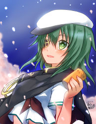 Rule 34 | 1girl, blue sky, brown neckerchief, can, cape, cherry blossoms, dated, eyepatch, green eyes, green hair, hat, highres, kantai collection, kiso (kancolle), kiso kai ni (kancolle), mashiro yukiya, neckerchief, open mouth, petals, sailor hat, school uniform, serafuku, short hair, signature, sky, solo, upper body