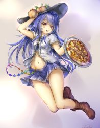 Rule 34 | 1girl, :d, arm up, black headwear, blue hair, blue skirt, blush, boots, breasts, brown footwear, center frills, clothes lift, commentary request, fii fii (feefeeowo), food, frills, fruit, full body, head tilt, hinanawi tenshi, holding, holding food, holding fruit, holding pizza, holding tray, leaf, long hair, looking at viewer, miniskirt, navel, open mouth, peach, pizza, pleated skirt, red eyes, short sleeves, skirt, small breasts, smile, solo, stomach, thighs, touhou, tray, very long hair