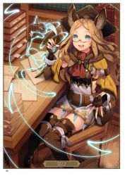 Rule 34 | 1girl, :d, animal ears, artist name, artist request, arusha (granblue fantasy), belt, black gloves, boots, brown-framed eyewear, brown footwear, brown hair, brown hat, card (medium), character name, fingerless gloves, glasses, gloves, granblue fantasy, green eyes, hat, highres, holding, holding pen, indoors, long hair, magic, miniskirt, open mouth, page number, pen, red neckwear, semi-rimless eyewear, sitting, skirt, smile, solo, thigh boots, thighhighs, under-rim eyewear, white skirt, wooden floor
