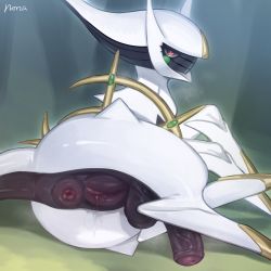Rule 34 | 1girl, anus, arceus, ass, bad id, cleft of venus, creatures (company), eyelashes, full-package futanari, furry, futanari, game freak, gen 4 pokemon, highres, large penis, legendary pokemon, looking at viewer, lying, mythical pokemon, nintendo, norza, nude, on side, outdoors, penis, pokemon, pokemon (creature), presenting, puckered anus, pussy, pussy juice, red eyes, solo, tail, testicles, uncensored, veins, veiny penis