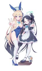 &lt;key&gt;_(robot)_(blue_archive) 2girls :| ^_^ absurdly_long_hair animal_ears apron aqua_bow aqua_bowtie aqua_halo aris_(blue_archive) aris_(maid)_(blue_archive) back_bow black_dress black_footwear black_hair black_ribbon blonde_hair blue_archive blue_eyes blue_footwear blue_hairband blue_halo blue_leotard bow bowtie breasts closed_eyes closed_mouth commentary_request covered_navel detached_collar dress fake_animal_ears fake_tail floating_hair frilled_apron frilled_dress frills full_body grin hair_intakes hair_ribbon hairband halo hand_on_another&#039;s_back high_heels highres kaming3698 leotard light_blush long_hair looking_at_viewer maid maid_apron maid_headdress mary_janes medium_breasts mixed-language_commentary multicolored_hair multiple_girls number_print official_alternate_costume pantyhose parted_bangs playboy_bunny ponytail puffy_short_sleeves puffy_sleeves rabbit_ears rabbit_tail ribbon shoes short_sleeves simple_background smile standing standing_on_one_leg strapless strapless_leotard streaked_hair tail teeth thighhighs thong_leotard toki_(blue_archive) toki_(bunny)_(blue_archive) v very_long_hair white_apron white_background white_bow white_pantyhose white_thighhighs