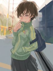 Rule 34 | 1girl, atlus, backpack, bad drawr id, bad id, bag, brown eyes, brown hair, fence, green jacket, hand in pocket, jacket, lapel pin, looking at viewer, megami tensei, mosaique, persona, persona 4, power lines, railroad crossing, road, satonaka chie, shin megami tensei, skirt, smile, solo, street
