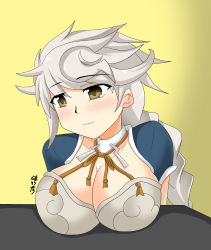 Rule 34 | 10s, aketake, asymmetrical hair, braid, breast rest, breasts, breasts on table, brown eyes, cleavage cutout, clothing cutout, crop top, kantai collection, large breasts, long hair, silver hair, single braid, solo, table, unryuu (kancolle), very long hair, wavy hair, yellow background