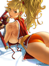 Rule 34 | 1girl, ass, blonde hair, breasts, brown eyes, capcom vs snk 2, commentary, cowboy shot, curvy, dual wielding, etama quomo, final fight, fingerless gloves, from behind, from side, genryuusai maki, gloves, holding, huge ass, lips, long hair, looking at viewer, looking back, lying, medium breasts, mole, mole under eye, ninja, on stomach, orange panties, panties, parted lips, patreon username, ponytail, red gloves, revealing clothes, sash, shiny skin, sideboob, simple background, sleeveless, smile, solo, street fighter, thighs, tonfa, underwear, untied, weapon, white background, wide hips