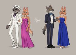 Rule 34 | 1boy, 1girl, animal ears, bare shoulders, black jacket, black pants, black suit, blue bow, blue bowtie, blue dress, blue pants, body fur, bow, bowtie, colored sclera, copyright name, diane foxington, dress, eyebrow piercing, fake facial hair, fake mustache, formal, fox ears, fox girl, fox tail, full body, furry, furry female, furry male, green eyes, grey background, grin, hand on another&#039;s arm, high heels, highres, holding hands, jacket, jewelry, mr. wolf, multiple views, necklace, necktie, nosugarnohoney, official alternate costume, open mouth, orange fur, pant suit, pants, pants under dress, piercing, purple dress, purple footwear, purple necktie, simple background, smile, snout, strapless, strapless dress, suit, sunglasses, tail, teeth, the bad guys (film), two-tone fur, waistcoat, white footwear, white headwear, white jacket, white pants, white suit, wolf boy, wolf ears, yellow eyes