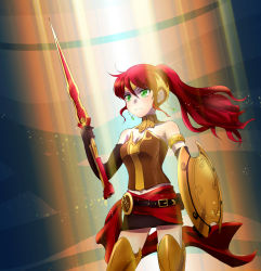 Rule 34 | 1girl, armlet, armor, bare shoulders, belt, black gloves, breastplate, breasts, buckle, cleavage, corset, cowboy shot, elbow gloves, forehead protector, gloves, gorget, greaves, green eyes, highres, iesupa, jewelry, light particles, light rays, long hair, lots of jewelry, medal, medallion, medium breasts, neck ring, ponytail, pyrrha nikos, red hair, rwby, sarong, serious, shield, skirt, solo, spotlight, sword, weapon