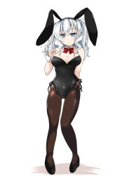 Rule 34 | 10s, 1girl, animal ears, blue eyes, bow, bowtie, rabbit ears, detached collar, fake animal ears, full body, hairband, highres, kantai collection, kashima (kancolle), long hair, pantyhose, playboy bunny, shirogane (platinum), silver hair, solo, standing, twintails, wrist cuffs