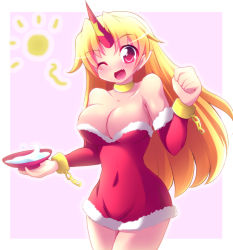 Rule 34 | 1girl, :d, ;d, alternate costume, bare shoulders, blonde hair, breasts, bursting breasts, chain, choker, christmas, cleavage, covered navel, cuffs, cup, fang, female focus, geo (yukishitadou), horns, hoshiguma yuugi, large breasts, long hair, one eye closed, open mouth, pointy ears, sakazuki, shackles, simple background, single horn, smile, solo, touhou, very long hair, wink