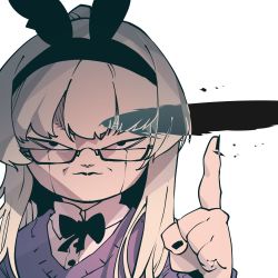 Rule 34 | 1girl, black-framed eyewear, black bow, black bowtie, black eyes, black nails, blonde hair, bow, bow hairband, bowtie, closed mouth, collared shirt, commentary, dragon ball, dragonball z, english commentary, fingernails, frieza, glasses, hair bow, hairband, hand up, highres, index finger raised, kantai collection, long hair, looking at viewer, nail polish, negative space, parody request, purple sweater, sanpaku, semi-rimless eyewear, shimakaze (kancolle), shirt, simple background, smile, solo, ssambatea, sweater, under-rim eyewear, white background, wing collar