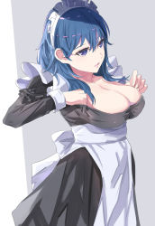 Rule 34 | 1girl, blue eyes, blue hair, breasts, byleth (female) (fire emblem), byleth (fire emblem), cleavage, fire emblem, fire emblem: three houses, grey background, highres, large breasts, long sleeves, maid, maid headdress, nintendo, simple background, solo, tomas (kaosu22)
