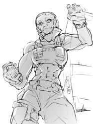 Rule 34 | 1girl, abs, bowalia, clenched hand, gloves, gun, handgun, looking down, mask, muscular, muscular female, original, riot shield, shield, sketch, skull mask, solo, special air service, union jack, weapon, white background