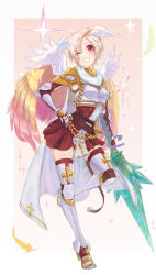 Rule 34 | 1girl, armor, armored boots, armpit peek, belt, blonde hair, boobplate, boots, breastplate, breasts, brown belt, chain, commentary request, cross, crystal, dress, elbow gloves, feathered wings, full body, gauntlets, gloves, golden wings, grin, hair between eyes, hair over one eye, head wings, highres, holding, holding polearm, holding weapon, leg armor, looking at viewer, official alternate costume, one eye closed, pauldrons, pi (pyaaaro), polearm, ragnarok online, red dress, red eyes, red gloves, red thighhighs, rune knight (ragnarok online), short hair, shoulder armor, sleeveless, sleeveless dress, small breasts, smile, snake, solo, sparkle, spear, thighhighs, weapon, white wings, wings, zettai ryouiki