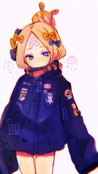 Rule 34 | 1girl, abigail williams (fate), abigail williams (traveling outfit) (fate), alternate hairstyle, bandaid, bandaid on face, bandaid on forehead, belt, black bow, black jacket, blonde hair, blue eyes, blush, bow, fate/grand order, fate (series), forehead, hair bow, hair bun, heroic spirit traveling outfit, high collar, highres, jacket, long hair, looking at viewer, morita (pixiv31883607), official alternate costume, orange bow, parted bangs, polka dot, polka dot bow, simple background, single hair bun, sleeves past fingers, sleeves past wrists, solo, thighs, white background