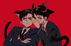 Rule 34 | 2boys, animal ears, animification, aqua eyes, black hair, cat boy, cat ears, cat tail, closed mouth, collared shirt, crossed arms, jacket, long sleeves, multiple boys, multiple persona, number five (the umbrella academy), open clothes, open jacket, open mouth, qin (7833198), red background, school uniform, shirt, short hair, simple background, smile, sweater vest, tail, the umbrella academy, whispering, whispering in ear, white shirt, yellow eyes