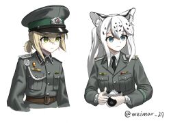 Rule 34 | 2girls, aiguillette, animal ear fluff, animal ears, artist name, badge, belt, black headwear, black necktie, blonde hair, blue eyes, brown belt, buttons, camera, cat ears, cat girl, collar tabs, collared shirt, commentary, cropped arms, cropped torso, cuff title, east german, english commentary, epaulettes, german commentary, german text, green eyes, green headwear, grenztruppen, grey headwear, grey jacket, grey shirt, hair over shoulder, hat, hat ornament, highres, holding, holding camera, insignia, jacket, long hair, long sleeves, looking ahead, medium hair, military, military hat, military jacket, military uniform, mixed-language commentary, multicolored clothes, multicolored headwear, multiple girls, nationale volksarmee, necktie, nva uniform, original, pale skin, parted lips, ponytail, shirt, simple background, twitter username, uniform, upper body, weimar 29, white background, white hair, white shirt
