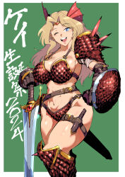 Rule 34 | 1girl, 2024, absurdres, armor, belt, bikini, bikini armor, birthday, black belt, black gloves, blonde hair, blue eyes, breasts, buckler, character name, cleavage, commentary request, girls und panzer, gloves, greaves, green background, hair intakes, highres, holding, holding sword, holding weapon, kay (girls und panzer), knife, large breasts, long hair, looking at viewer, navel, o-ring, o-ring bikini, one eye closed, open mouth, partial commentary, pauldrons, red bikini, red footwear, sheath, sheathed, shield, shinkuukan (tetsuo3), shoulder armor, single pauldron, smile, solo, spiked pauldrons, standing, swimsuit, sword, thigh strap, tiara, translated, weapon