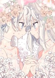 Rule 34 | 2girls, bare shoulders, beige shirt, blurry, blush stickers, breasts, cherry blossoms, choker, closed mouth, collarbone, depth of field, expressionless, eye contact, fingernails, flat chest, flower, forehead-to-forehead, from side, grey eyes, grey hair, hands up, heads together, highres, holding hands, lace, lace-trimmed shirt, lace trim, liquid, looking at another, medium hair, melting, multiple girls, off-shoulder shirt, off shoulder, orange flower, orange rose, original, ouchi kaeru, pastel colors, petals, pink flower, profile, rose, shirt, short hair, simple background, small breasts, straight hair, tears, tsurime, upper body, very short hair, water, water drop, wet, wet hair, white background, white choker, white flower, white theme, yellow flower, yellow rose