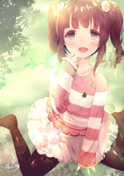 Rule 34 | 10s, 1girl, arm support, between legs, black pantyhose, blush, brown eyes, brown hair, chita (ketchup), cover, flower, hair flower, hair ornament, highres, idolmaster, idolmaster cinderella girls, jewelry, long hair, long sleeves, looking at viewer, necklace, ogata chieri, open mouth, pantyhose, pink skirt, pleated skirt, shadow, shirt, sitting, skirt, smile, striped clothes, striped shirt, twintails, wariza, white flower, white shirt, white skirt