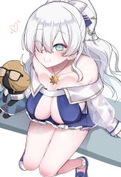 Rule 34 | 1boy, akitokage, anastasia (fate), anastasia (swimsuit archer) (fate), anastasia (swimsuit archer) (third ascension) (fate), blue eyes, blush, breasts, eyes visible through hair, fate/grand order, fate (series), glasses, hair between eyes, highres, jewelry, large breasts, long hair, looking at viewer, necklace, shoes, sitting, smile, solo, swimsuit, viy (fate), white background, white hair