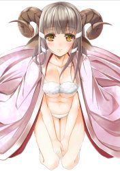 Rule 34 | 1girl, animal ears, blush, breasts, brown eyes, cleavage, hands on lap, hazuki gyokuto, horns, japanese clothes, kimono, kneeling, long hair, open clothes, original, own hands together, sheep ears, sheep horns, smile, solo, underboob