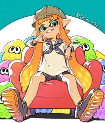 Rule 34 | 1girl, bike shorts, chair, comamawa, fangs, green eyes, hand on own face, hat, inkling, inkling girl, inkling player character, looking at viewer, lowres, newsboy cap, nintendo, orange hair, sailor collar, sailor shirt, shirt, shoes, sitting, smile, splatoon (series)