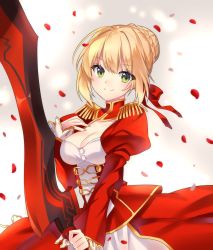 Rule 34 | 1girl, absurdres, armor, armored dress, blonde hair, braid, braided bun, breasts, bustier, cleavage, closed mouth, dress, fate/extra, fate (series), green eyes, hair between eyes, hair bun, highres, holding, holding sword, holding weapon, long sleeves, looking at viewer, medium breasts, nero claudius (fate), nero claudius (fate) (all), nero claudius (fate/extra), petals, red dress, short hair, shrug (clothing), single hair bun, sleeveless, sleeveless dress, smile, solo, standing, strapless, strapless dress, sword, upper body, weapon, yaya chan